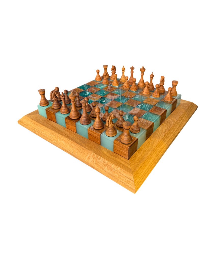 Chessboard in Oak and Walnut with Green and White Epoxy