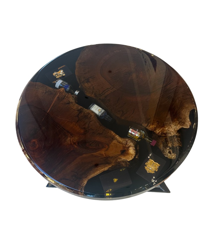 Round coffee table in wood and black epoxy resin – 60 cm – Unique piece