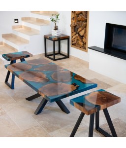 Walnut Wood and Turquoise Resin Coffee Table
