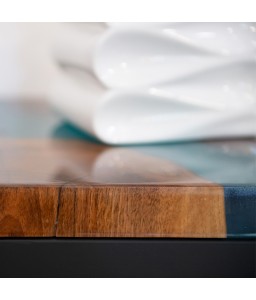 Square Walnut Wood and Turquoise Resin Coffee Table