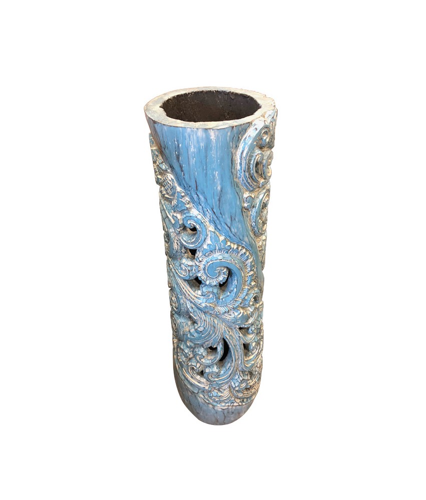 Vase en Tronc de Palmier Sculpté Finition Bleu