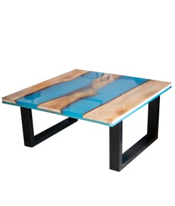 Coffee Table in Linden Wood and Blue Resin