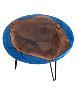 Round Coffee Table in Walnut Wood and Blue Resin