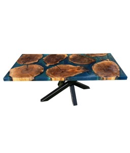 Table Basse en Bois de Noyer et Résine Turquoise
