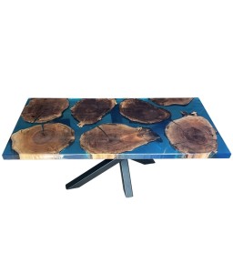 Table Basse en Bois de Noyer et Résine Turquoise
