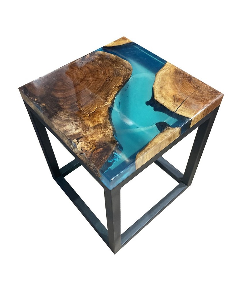 Table Basse Carré en Noyer et Epoxy Turquoise
